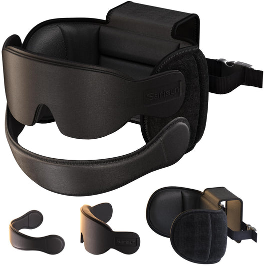 SARISUN Travel Pillow for All Airplane Seats, Airplane Pillows Combo with Chin Strap, 3D Eye Mask for Sleeping, 360° Support Travel Head Strap, Long Flights Essentials, Stop Bobblehead, Black