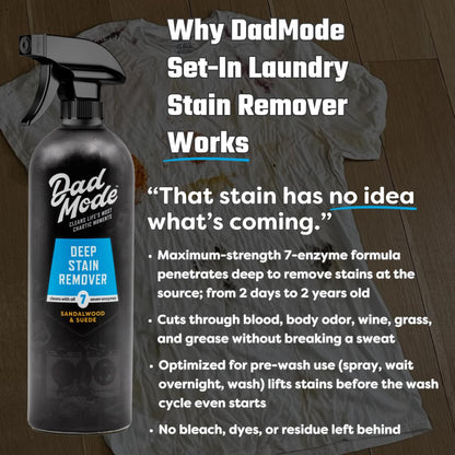 DadMode 7-Enzyme Laundry Stain & Odor Destroyer – Deep Cleaner for Extreme Clothing Messes - Masculine Sandalwood & Suede Scent, 16oz Metal Bottle + Refill Pouch