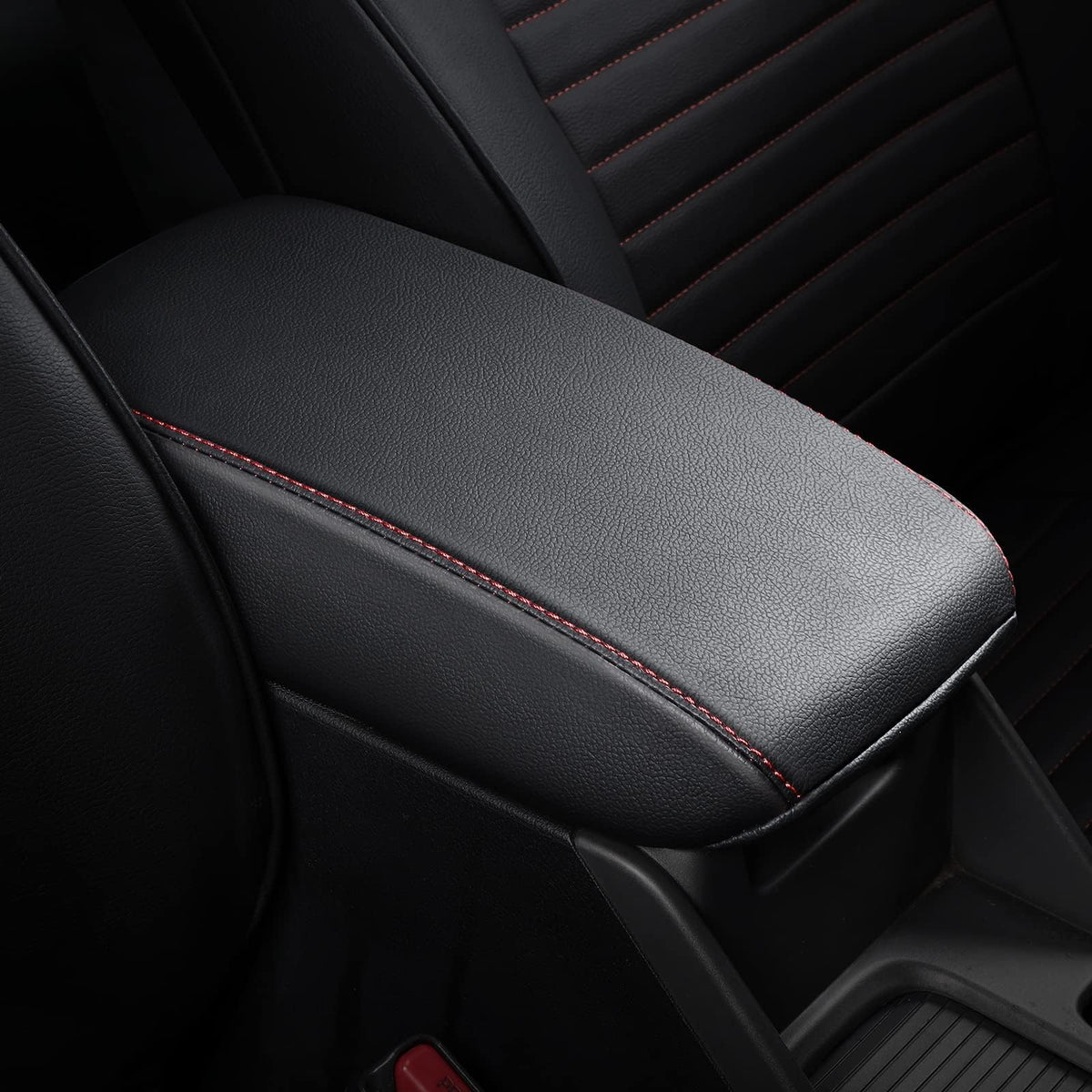 AOMSAZTO armrest covers — black with red stitches for 2013-2016 Subaru Impreza