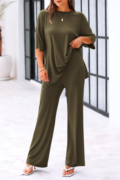KIRUNDO coordinated outfit — summer casual lounge set with short sleeve top and wide leg pants