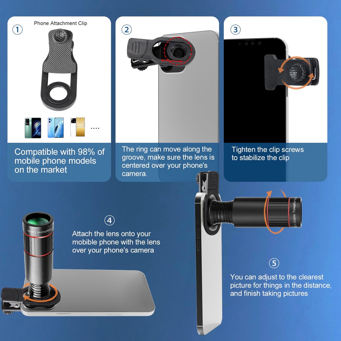 2025 Newly 32X Phone Camera Lens Telephoto Mobile Lens for iPhone and Android Zoom Cellphone Camera Lens with Phone Clip for Picture Video Taking (Black)