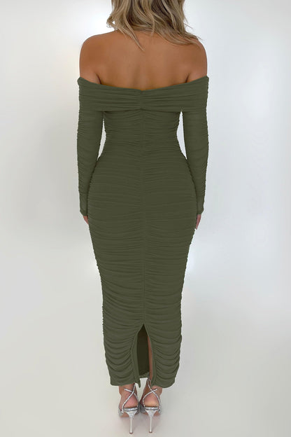 Dress — Off the shoulder maxi dress with ruched fitted bodycon design and slit