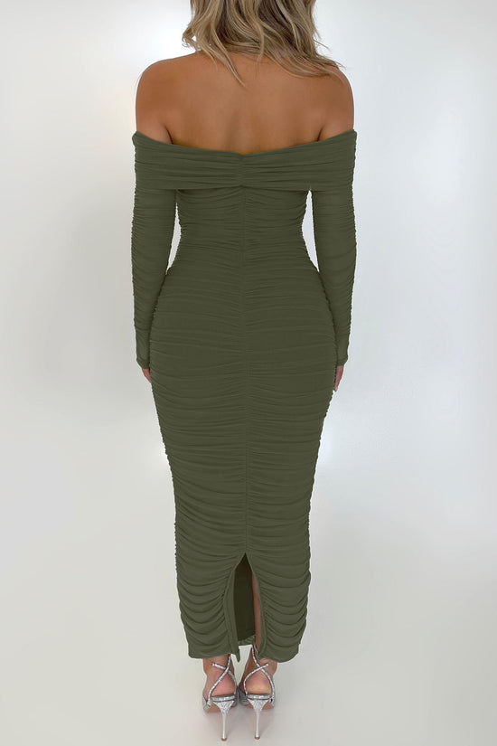 Dress — Off the shoulder maxi dress with ruched fitted bodycon design and slit