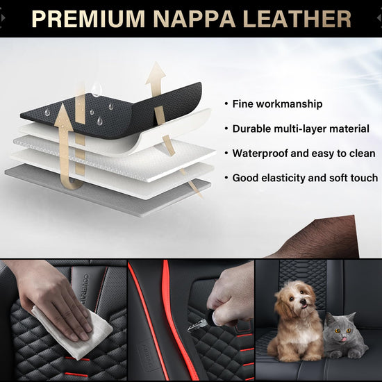 Coverado car seat covers - waterproof nappa leather seat covers for cars, black and red