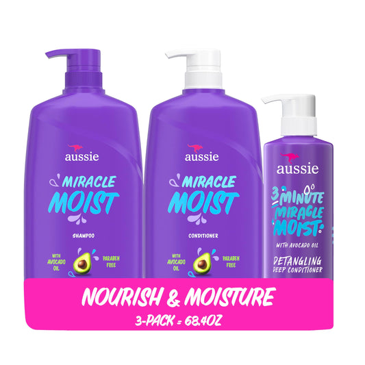 Aussie Miracle Moist shampoo and conditioner — paraben-free with avocado and jojoba oil