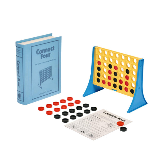 Connect Four vintage bookshelf edition — fabric-wrapped book box display