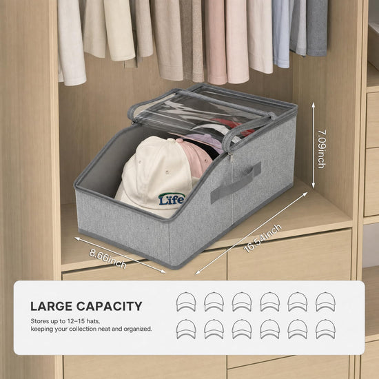 ZJKCXZEPNOV Hat Organizer for Baseball Caps, Clear Window Storage Container Holds Up to 12 Caps, Grey Closet Hat Holder Box for Home & Bedroom Organization