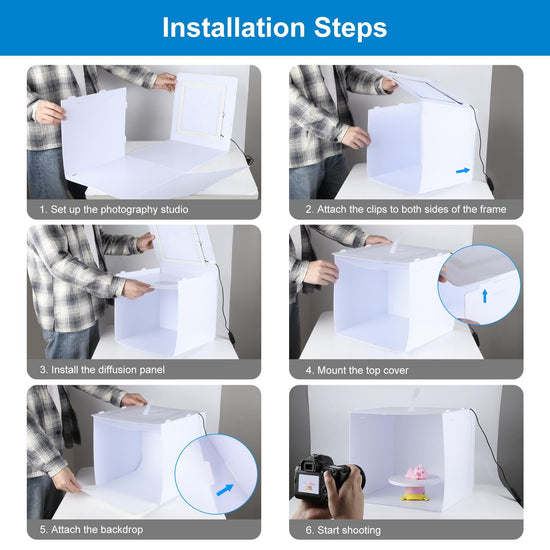 Camera stage lighting modifier — Portable mini photo studio with LED light and backdrops