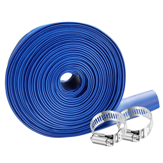 YASHINE PVC drain hose - Heavy duty reinforced blue PVC lay flat water tubing 100ft 2 inch. 2 clamp included.