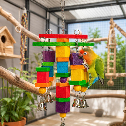 Zephyriel Bird Toys for Small to Medium Parrot, Natural Wooden Blocks with Bells, Stainless Steel Chain & Screw-Lock, Safe Shredding Parrot Toy for Conures, Cockatiels, Quakers, Parakeet