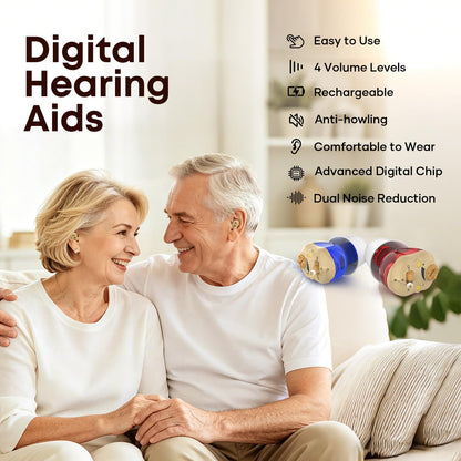 Rechargeable Digital Hearing Aids for Seniors, 2 Channel Ear Amplifier, Clear Sound Quality with Noise Cancellation, In Ear Hearing Aids, Invisible Sound Amplifier