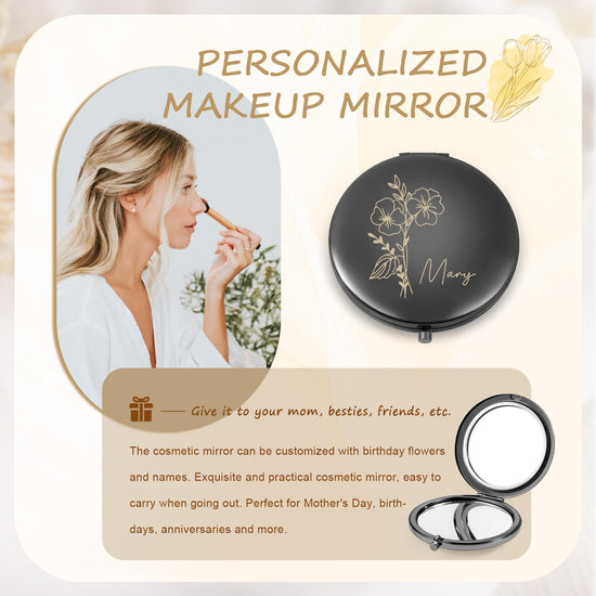 Ahgmeside Personalized Compact Mirror for Women - Pocket Mirror for Women,Custom Birthflower Travel Makeup Mirror for Wife, Mom, Bridesmaid Gifts for Daughter Friend (Black)