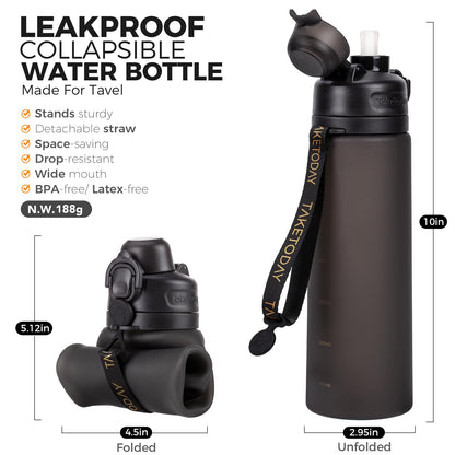 TakeToday collapsible water bottle — foldable silicone design with straw and strap