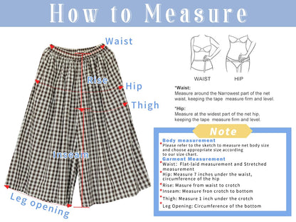 PANTS — Cotton linen wide leg capri pants with elastic waist and plaid design