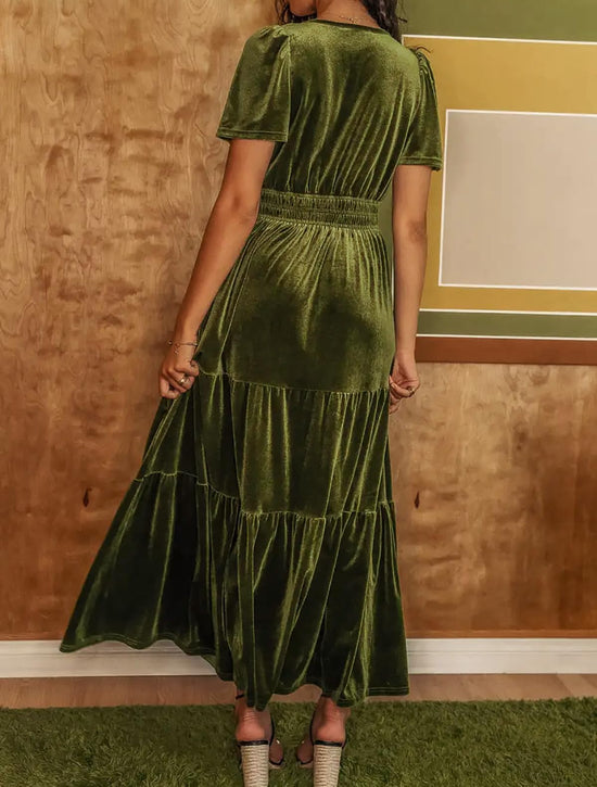 R.Vivimos women's vintage velvet maxi dress with short sleeves and ruffles