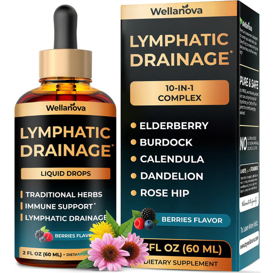 Wellanova Lymphatic Drainage Drops - Organic Supplement for Lymphatic Support & Detox - 10-in-1 Herbal Blend Cleanse Complex with Burdock, Dandelion, Elderberry - 2 fl oz