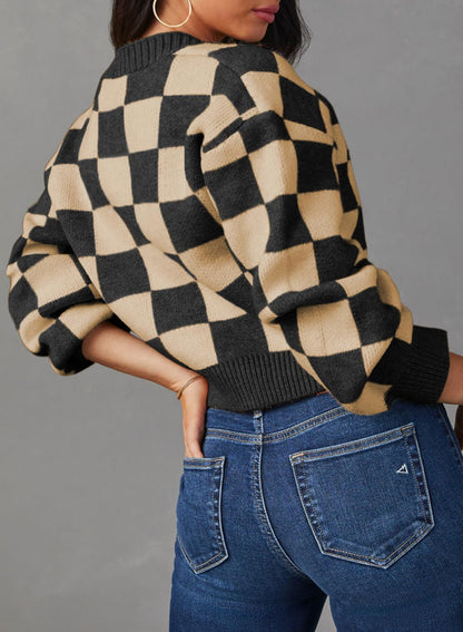 Dokotoo sweater — Checkered v neck button down cropped cardigan top