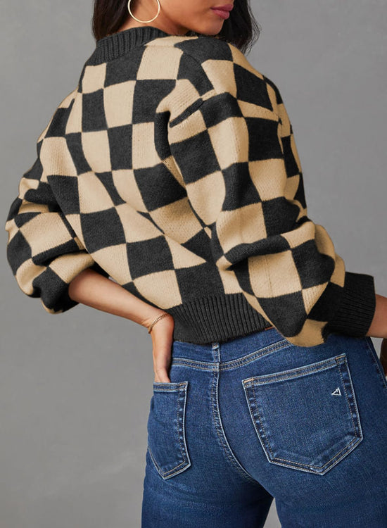 Dokotoo sweater — Checkered v neck button down cropped cardigan top