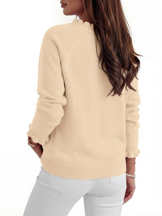 BTFBM womens sweater — long sleeve button down ruffle crew neck pullover top