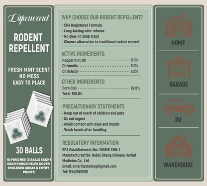 Rodent Repellent Peppermint Oil Balls, Rodent and Mice Repellent Balls (30 Balls Total), Plant-Based Essential Oil Blend, No-Touch Sealed Sachets for Indoor Use