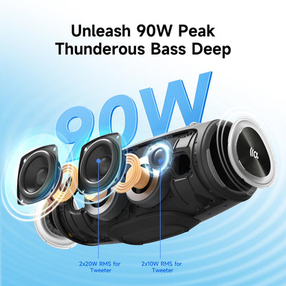 TAZATA portable loud Bluetooth speaker with large subwoofer and powerbank function.