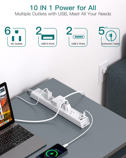 Power strip — Surge protector with USB C and flat plug design