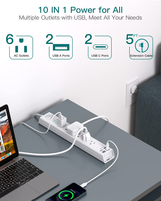 Power strip — Surge protector with USB C and flat plug design