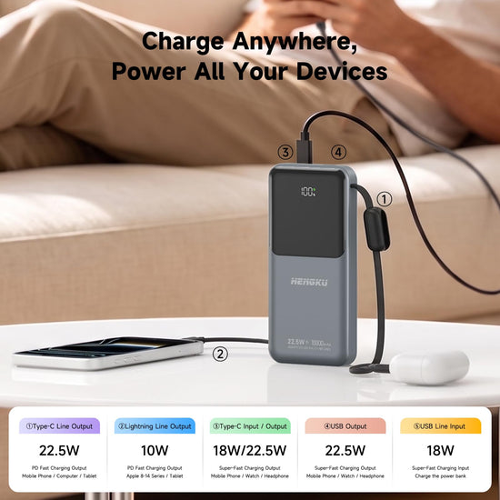 HENGKU Power Bank 10000mAh Portable Built-in Cable 22.5w Fast Charge