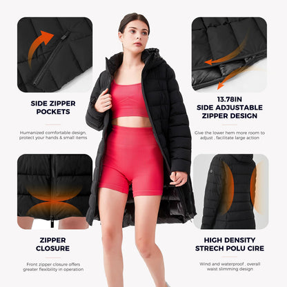 IKAZZ women's coat - packable long hooded vegan down parka jacket