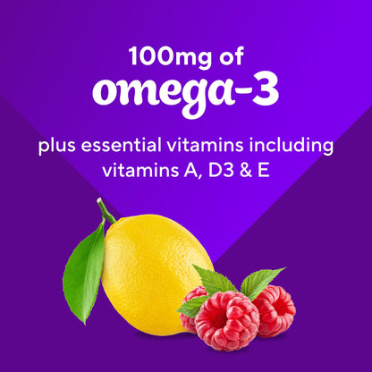Vitafusion Omega-3 gummy vitamins - Berry lemonade flavor with EPA/DHA and vitamins A, C, D, E, 120 count.