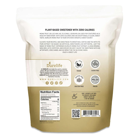 Durelife organic monk fruit sweetener - no erythritol, zero calorie substitute 5 oz