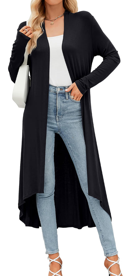 Women's cardigan with pockets - lightweight open front duster with high low hem
