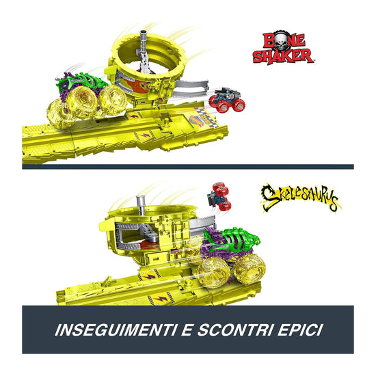 Hot Wheels Monster Trucks track set — Charge & Chase challenge with 2 trucks and cars