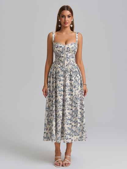 KUTUMAI floral corset midi dress with pockets and slit
