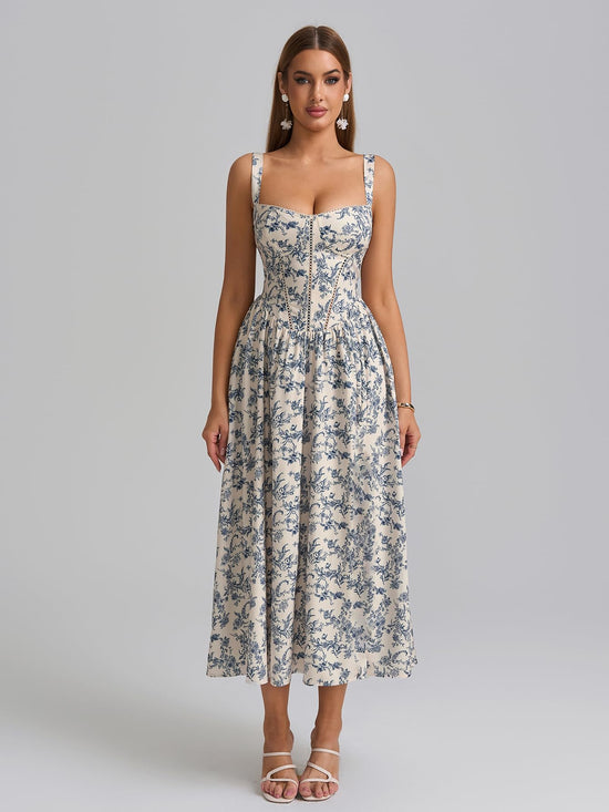 KUTUMAI floral corset midi dress with pockets and slit