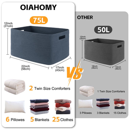 OIAHOMY extra large cotton rope basket with handles, 70L capacity, woven design