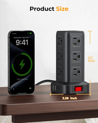 Power strip — 12 outlets and 4 USB ports with tower design and extension cord