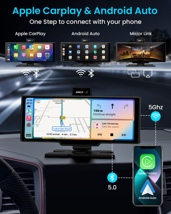 GPS or navigation system — Portable Apple Carplay screen with 10 inch display and 4K dash cam