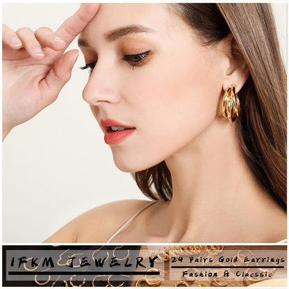 IFKM gold hoop earrings set — Hypoallergenic chunky chain twisted open hoops
