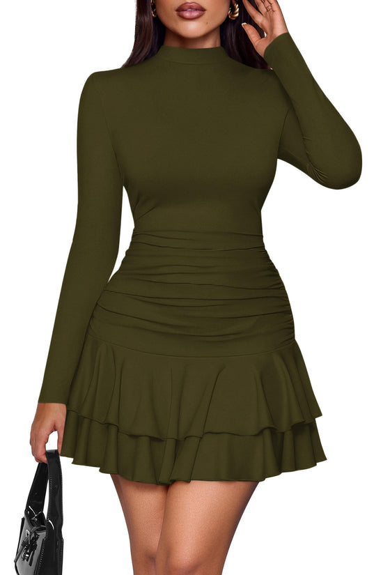 PRETTYGARDEN dress — Long sleeve mock neck ruched mini party dress