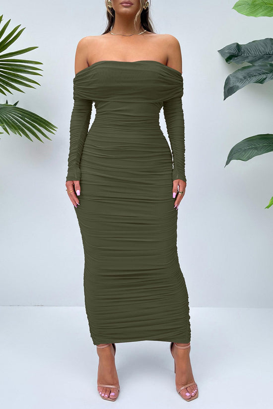 Dress — Off the shoulder maxi dress with ruched fitted bodycon design and slit