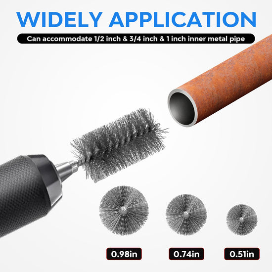 DDayuanwei 1/2" & 3/4" & 1" Copper Pipe Cleaner for Drill, with 1/4 Hex Shank & 3 Stainless Steel Wire Brushe, for Cleaning Rust, Stains, Paint on Copper Pipes and Various Metal Pipes(Blue)