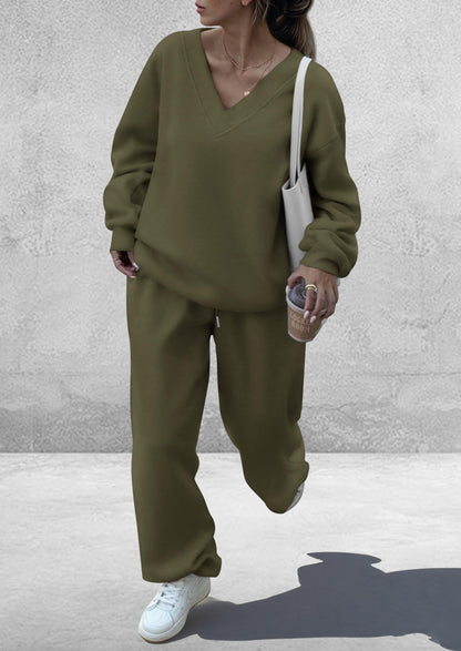 PRETTYGARDEN coordinated outfit — casual winter two piece set with v neck sweatshirt and wide leg pants