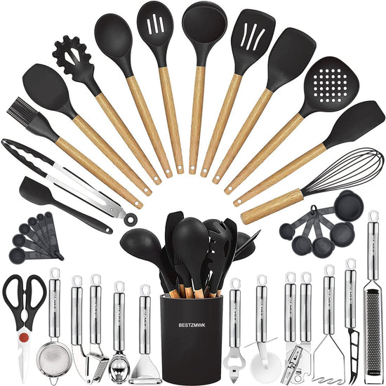 Food spatula — Heat resistant silicone with wooden handles set of 35 pieces.