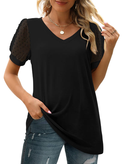 Aokosor shirt — V neck puff sleeve with Swiss dot design