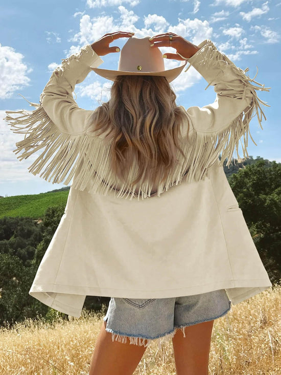 Cicy Bell blazer — faux suede fringe design with lapel and button front