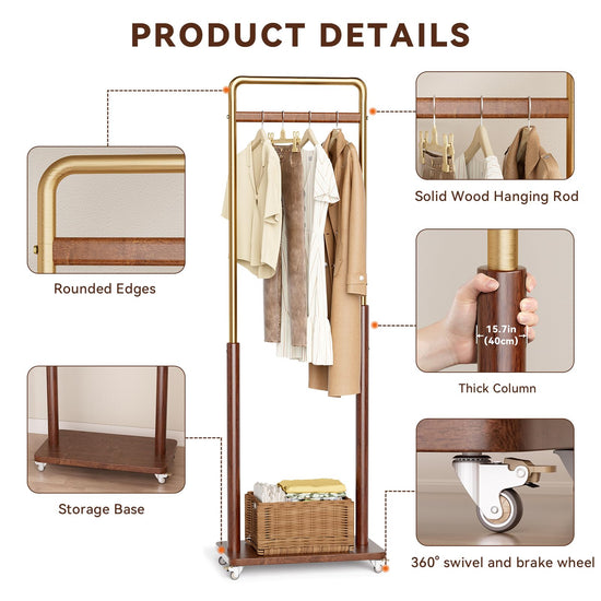 Taitiy clothes rack — Solid wood and metal combination with wheels for easy mobility