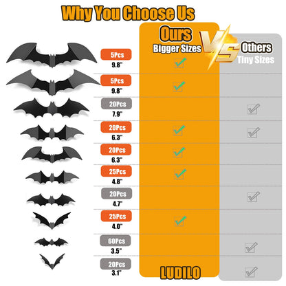LUDILO bats wall decals — 3D PVC Halloween decorations for indoor and outdoor use
