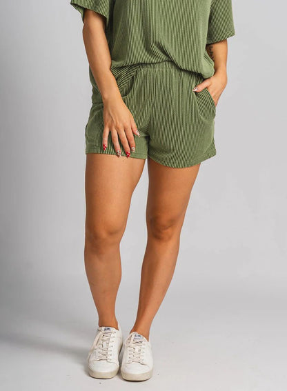 miduo coordinated outfit — ribbed textured knit lounge set with shorts and short sleeves
