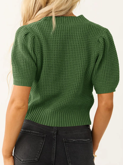 Saodimallsu women's puff sleeve sweater - Waffle knit v neck cropped top